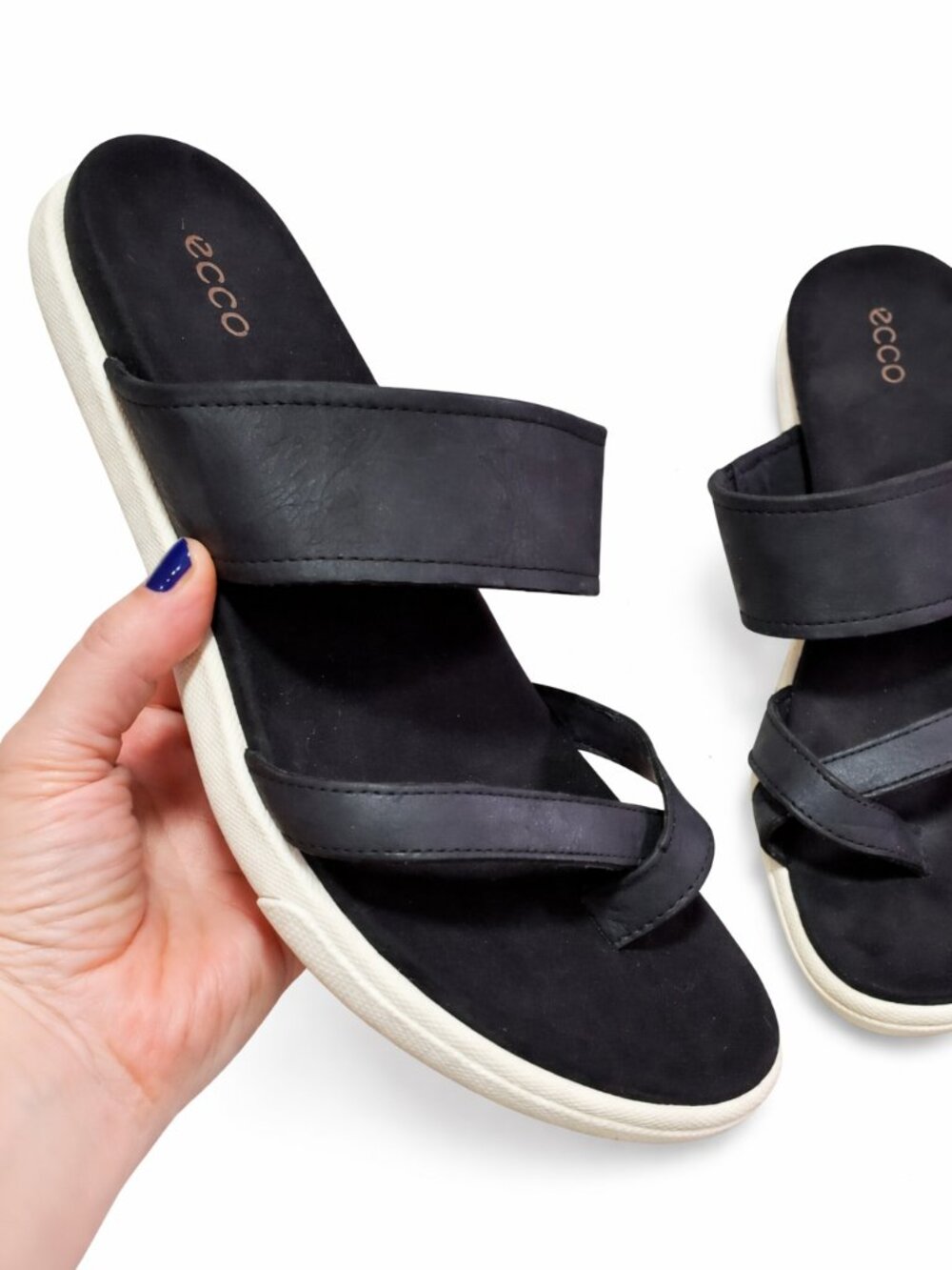 Ecco Black Leather Slide Sandals with White Sole